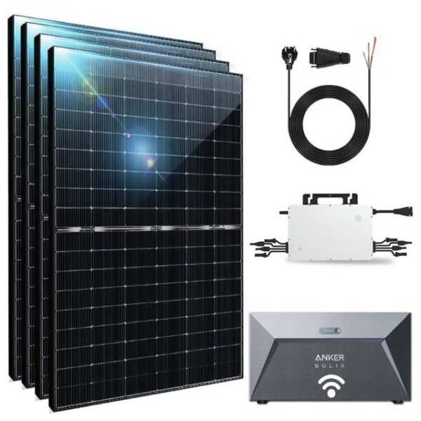 Stegpearl Solaranlage 1760W/1600W Balkonkraftwerk mit Speicher Bifazial 440W Solaranlage, Monokristallin Hoymiles 1600W Microwechselrichter und 1,6 kWh Solarspeicher von Anker Plus 10m Kabel