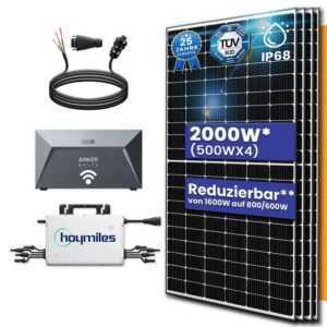 TerraLumen Solaranlage 2000W Balkonkraftwerk mit Speicher inkl. 4x500W Solarmodule, (Komplettset Hoymiles HMS-1600-4T Wechselrichter mit Anker SOLIX Solarbank E1600 Solarspeicher und 10m Wielandstecker)