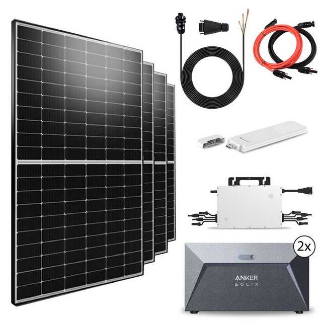 TerraLumen Solaranlage 2000W Balkonkraftwerk mit Speicher inkl. 4x500W Solarmodule, (Komplettset Hoymiles HMS-1600-4T Wechselrichter mit WLAN DTU-WLite-S und 2x Anker SOLIX Solarbank E1600 Solarspeicher inkl. 10m Wielandstecker Plus Verlängerungskabel)