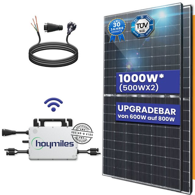 TerraLumen Solaranlage Balkonkraftwerk Komplettset 1000W/800W Bifazial Solarmodule, Monokristallin und Hoymiles WLAN Wechselrichter 800W mit Photovoltaik Solaranlage Plus 10m Schukostecker