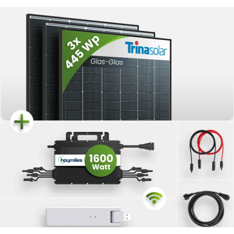 Balkonkraftwerk 1335W – 3x Trina Vertex S+ TSM-NEG9R.28 445Wp Solarmodul + Hoymiles HMS-1600-4T Microinverter Modulwechselrichter + Hoymiles DTU-WLite-S